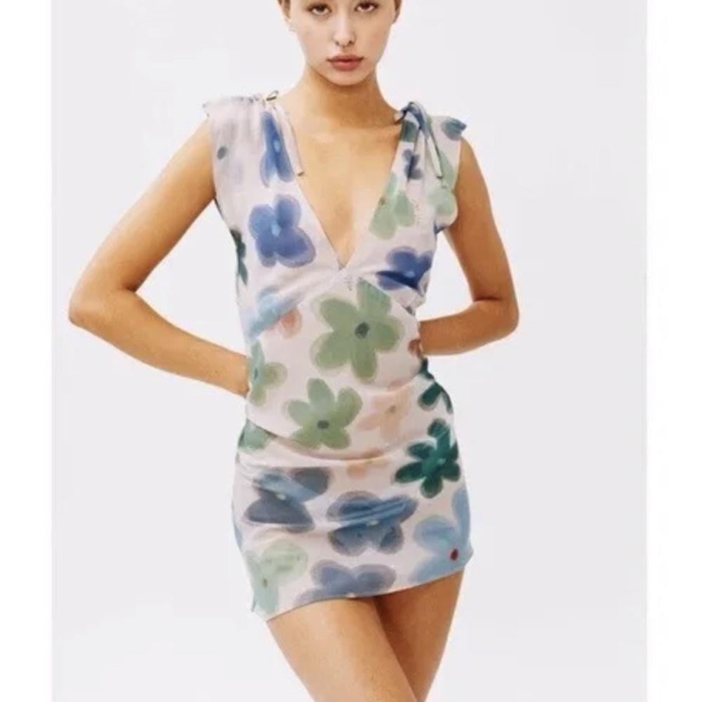 With Jean Lani Mini Dress Size M Women Party Sheer Sleeveless Floral Viola bloom